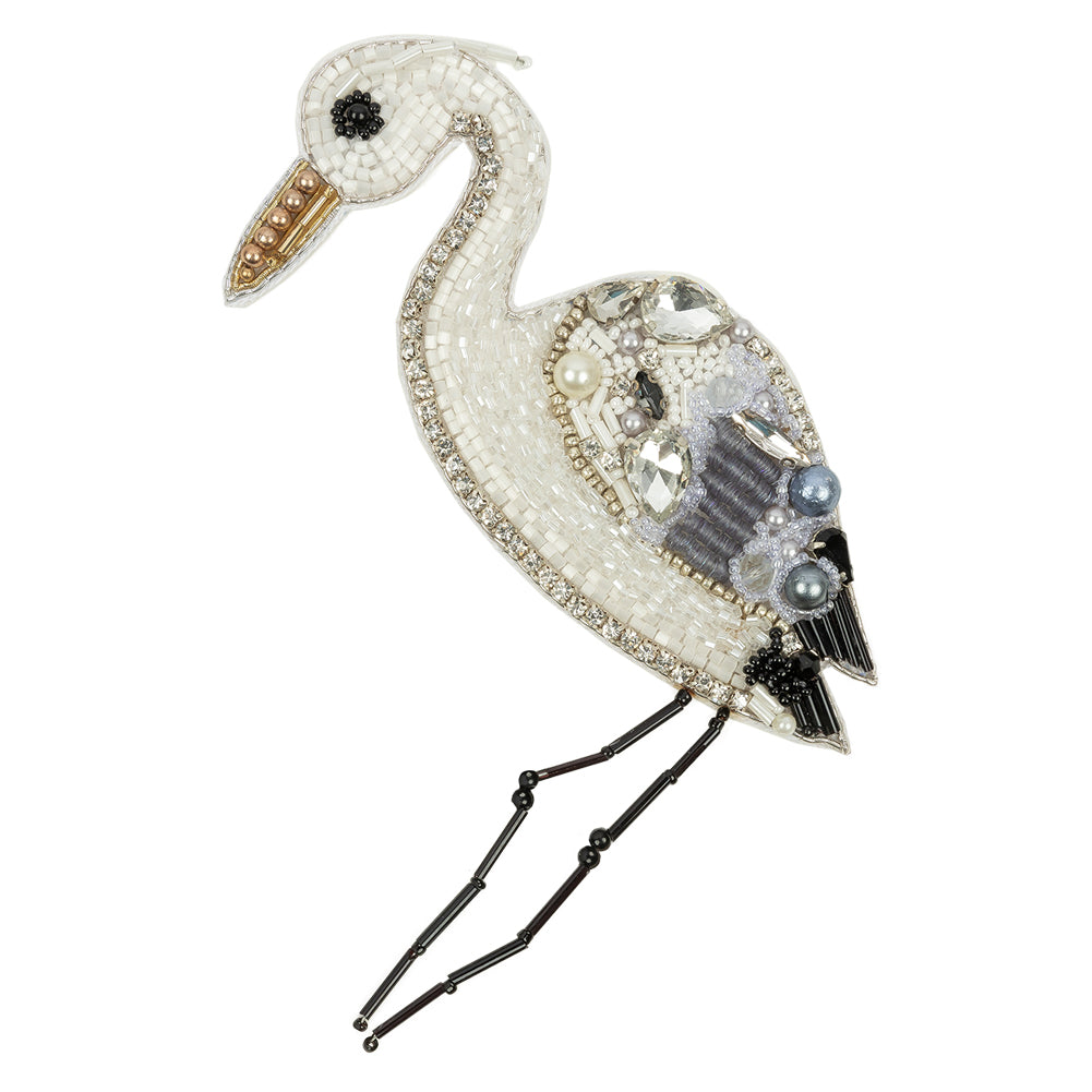White, Gray and Black Crane Rhinestones and Glass Beaded Applique - 4.75