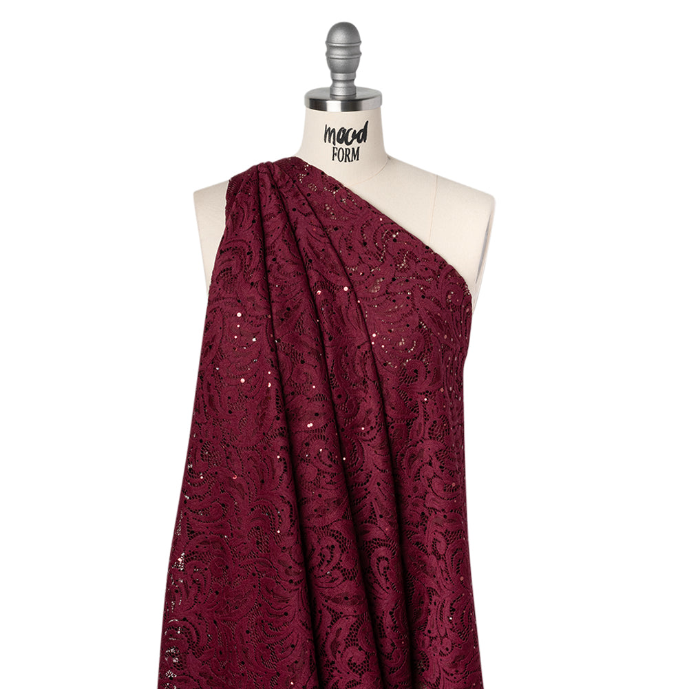Stretch Raschel Lace with Metallic Spots - Burgundy Fancy Leaves and Flowers - Joann Fabrics