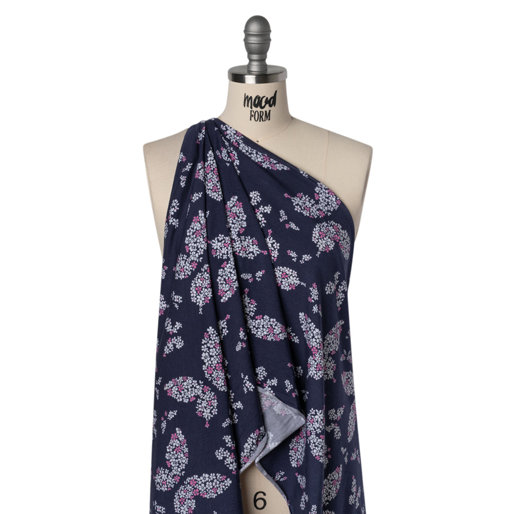 Stretch Rayon Jersey Print - Navy, Pink and White Floral Butterflies - Deadstock - Joann Fabrics