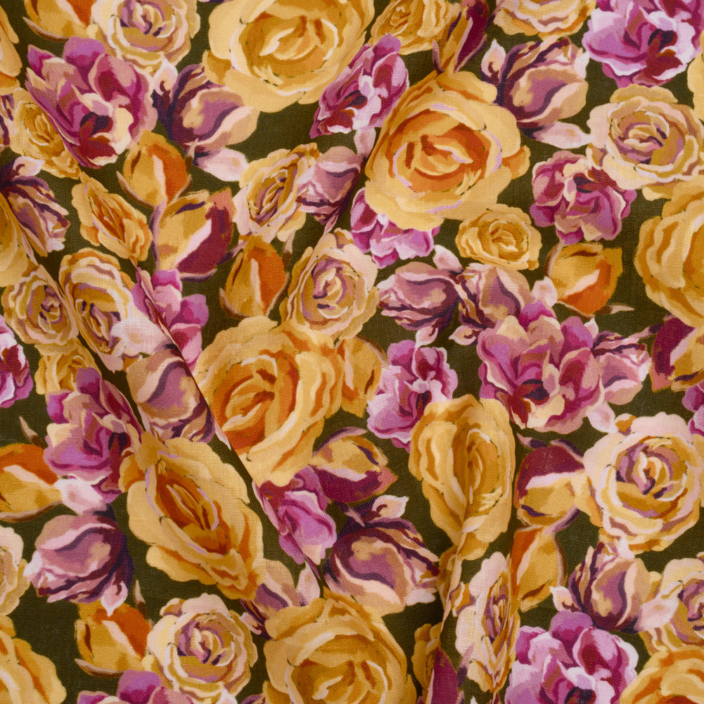 Medium Weight Linen Woven Print - Mustard Yellow, Magenta Pink and Dark Olive Green Roses - Joann Fabrics