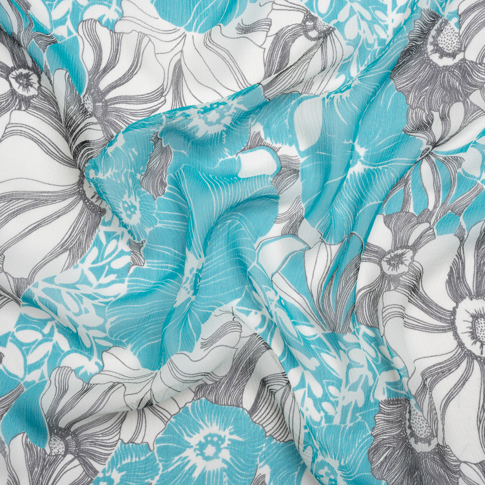 Turquoise, Black and White Tropical Floral Crinkled Silk Chiffon - Joann Fabrics