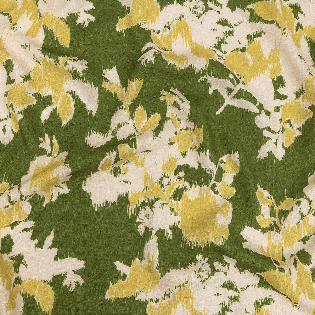 Slubbed Viscose Woven Print - Pea Green, Yellow and Cream Ikat Floral - Mood Exclusive Layers of Luxury - Joann Fabrics