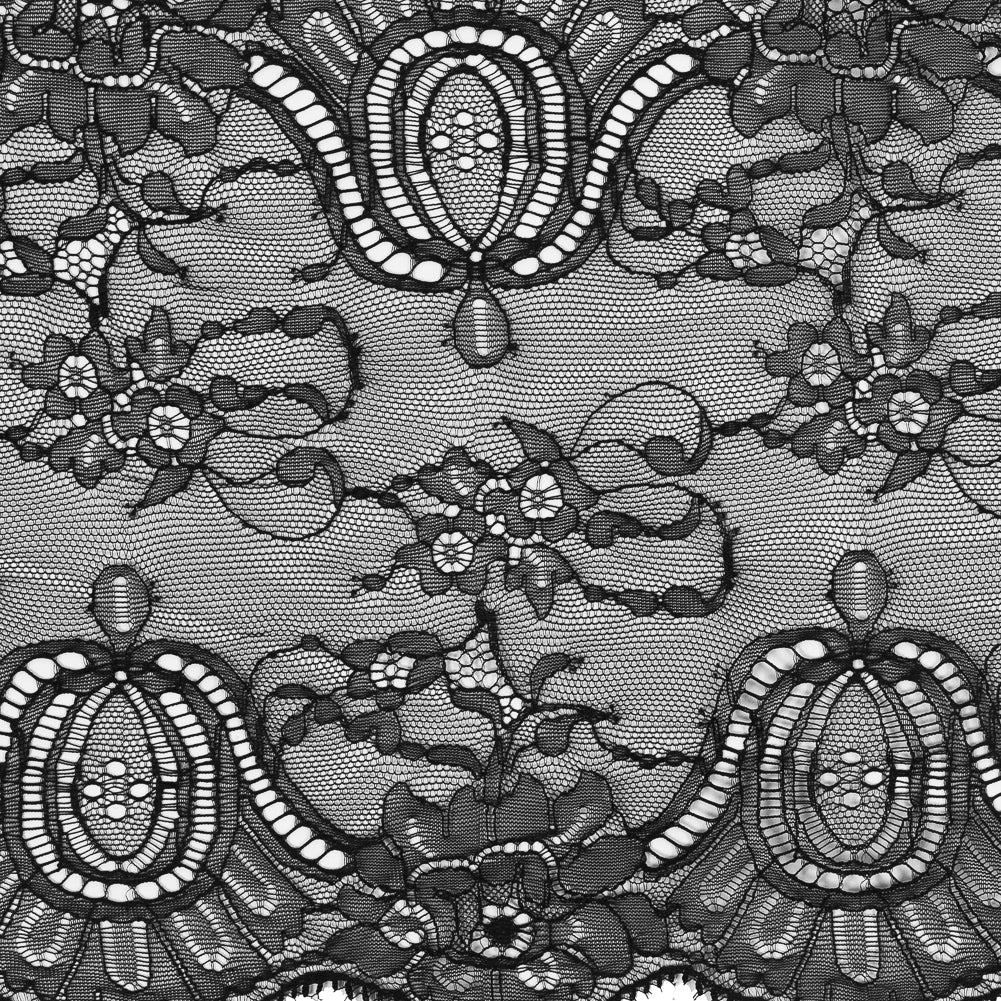 Black Double Scallop Fine Floral Lace Trim - 9.5