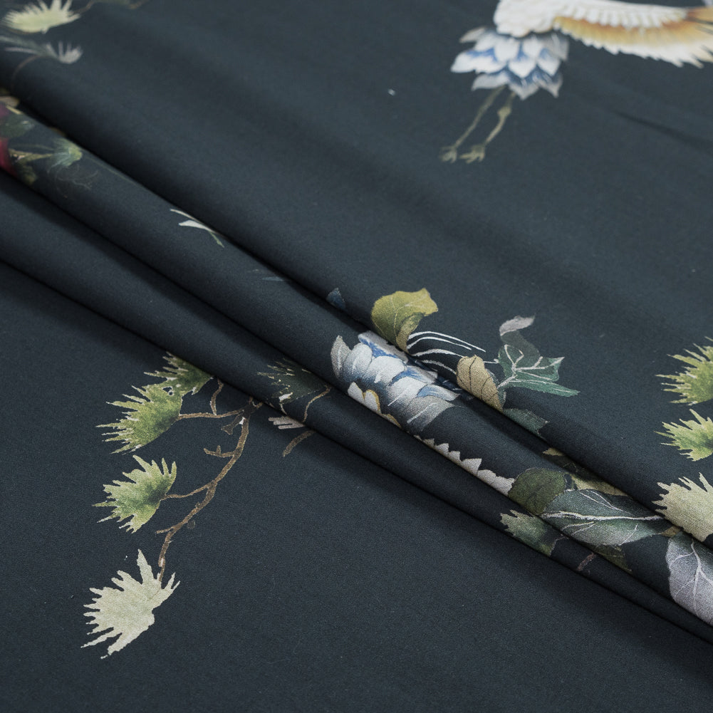 Cotton Voile - Black and Green Birds and Flowers - La Grande Tournee Print - Mood Exclusive Jacques Collection - Joann Fabrics