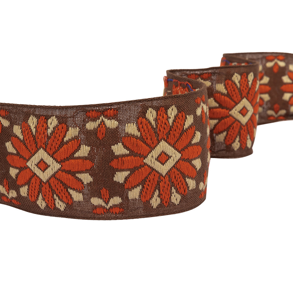 Brown, Orange and Ivory Floral German Jacquard Cotton Ribbon - 2