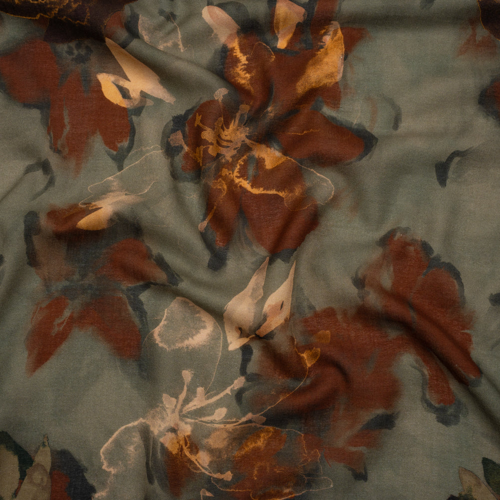 Cotton Crepe - Sage Green, Burgundy and Creamsicle Orange Painted Flowers - Mood Exclusive Lily Tranquility Print - Joann Fabrics