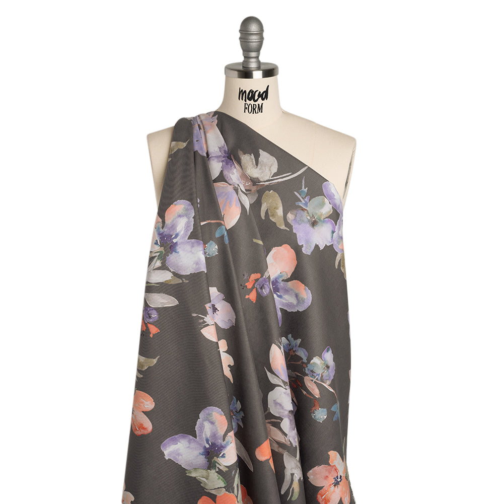 Peached Polyester Twill - Gray, Peach and Lilac Watercolor Flowers - Mood Exclusive Meadow Musings Print - Joann Fabrics
