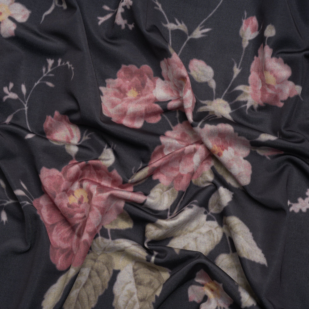 Famous Australian Designer Charcoal, Pink and Green Floral Stretch Polyester Jersey - Joann Fabrics