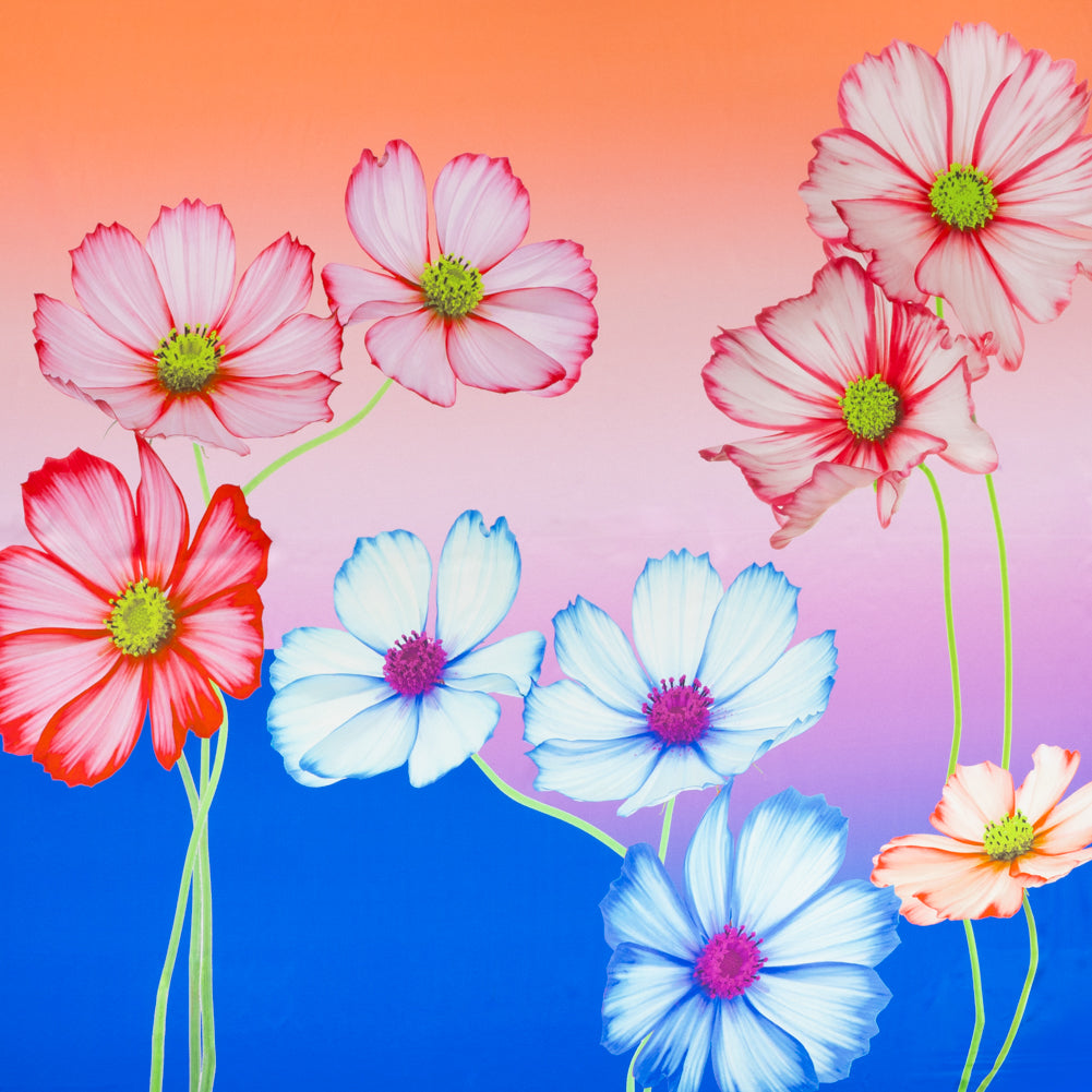 Silk Charmeuse Panel 16MM, Made in Italy - Blue, Pink and Peach Flowers and Ombre - Joann Fabrics