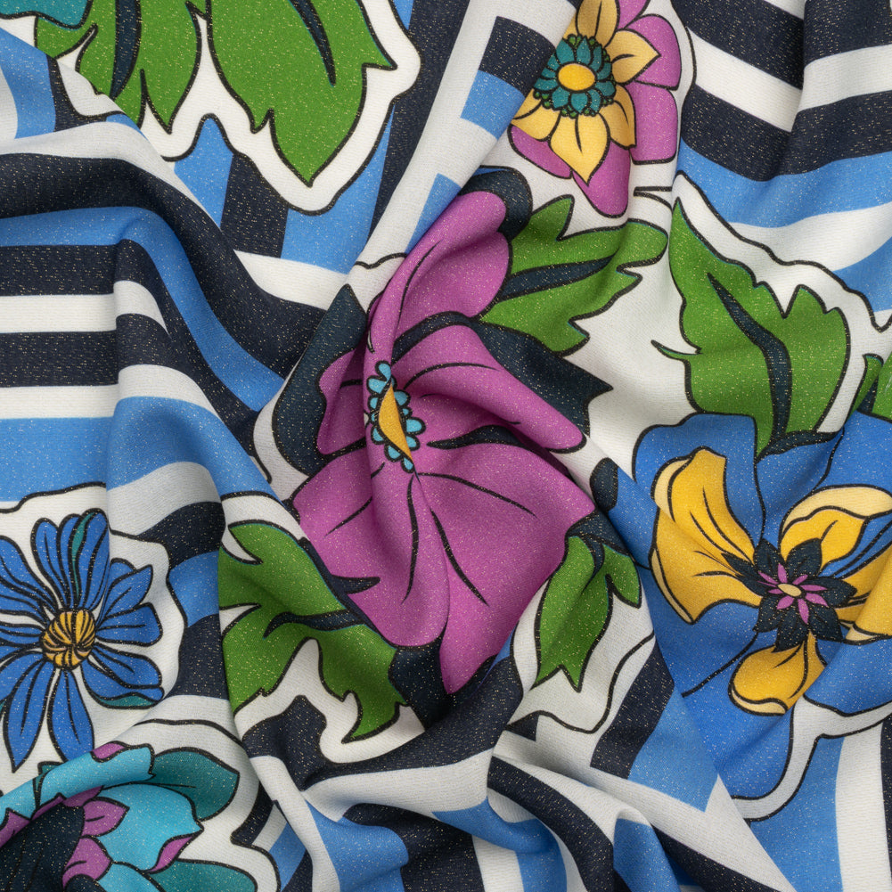 Metallic Viscose Woven Print - Blue Stripes and Florals - Mood Exclusive Countess Clarissa - Joann Fabrics