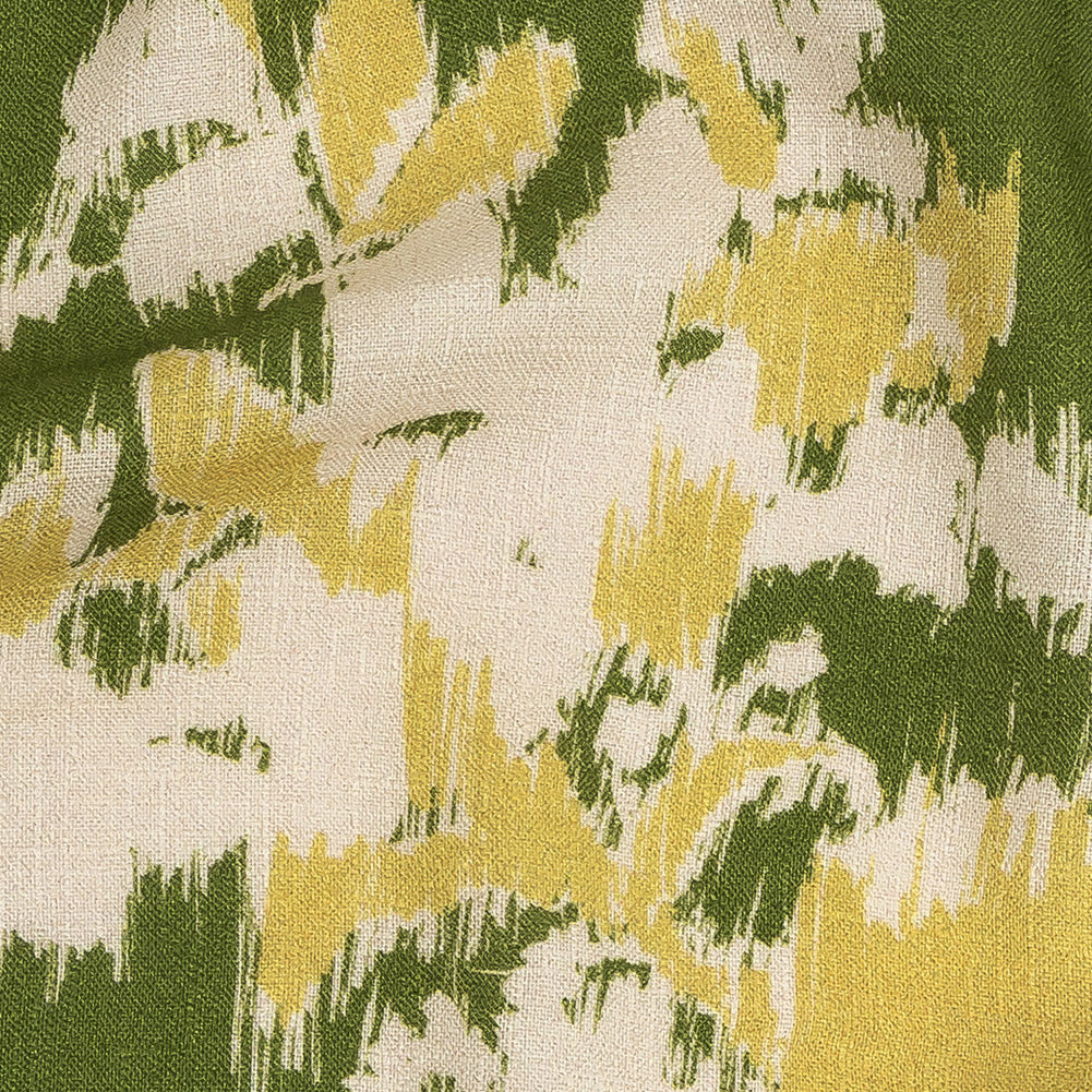 Slubbed Viscose Woven Print - Pea Green, Yellow and Cream Ikat Floral - Mood Exclusive Layers of Luxury - Joann Fabrics