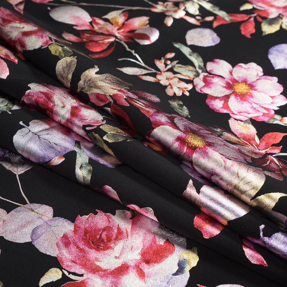 Black Ponte Knit with Multicolor Floral Foil Design - Joann Fabrics