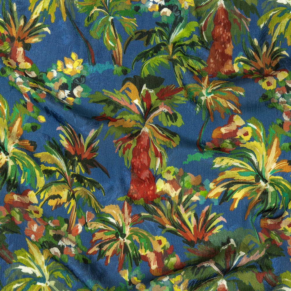 Crinkled Leafy Polyester Jacquard Print - Galaxy Blue, Green and Red Palm Trees - Mood Exclusive Beach Babe - Joann Fabrics