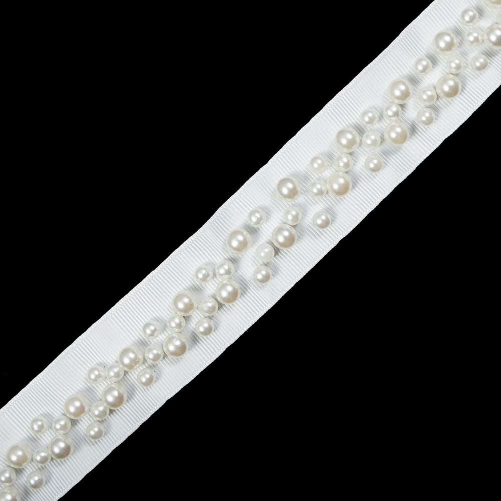 White Grosgrain & White Pearl Beaded Trim - 1.25