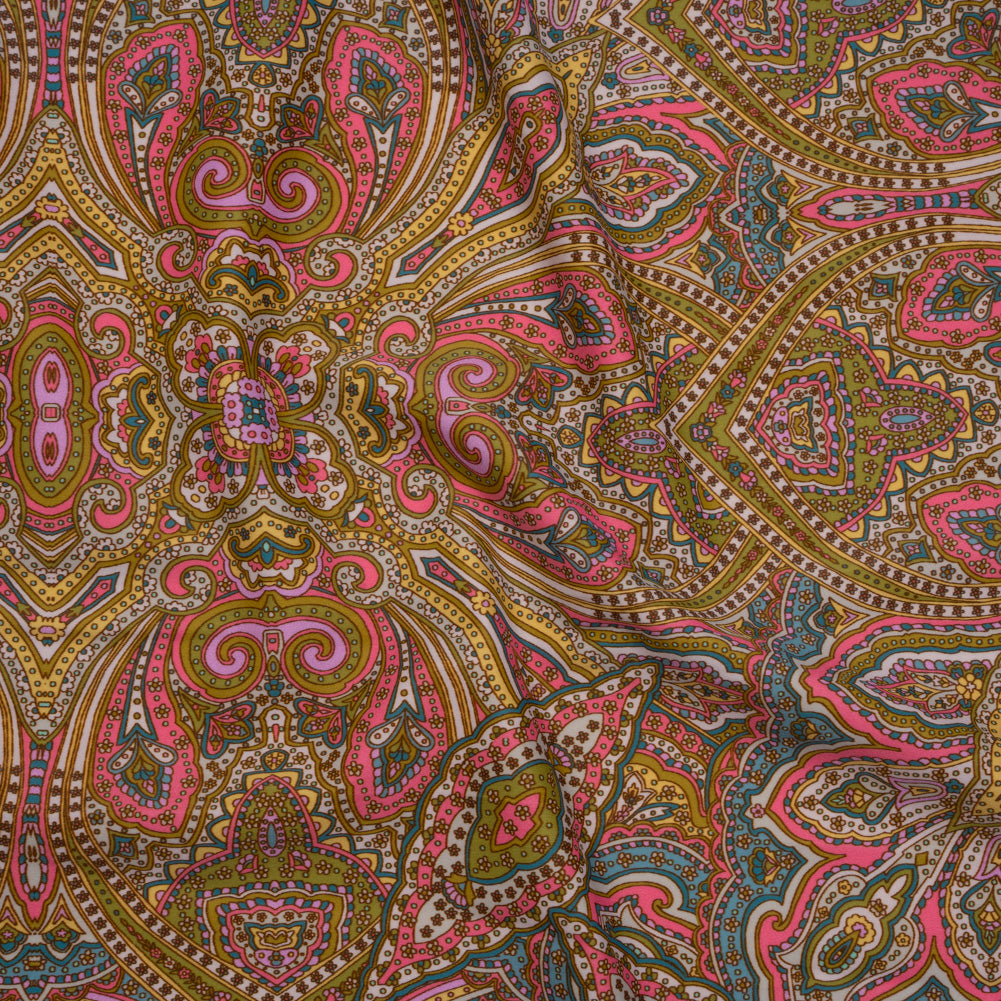 Stretch Nylon Swimwear Tricot - Pink, Olive Green and Blue Ornate Paisleys - Designer Deadstock - Joann Fabrics