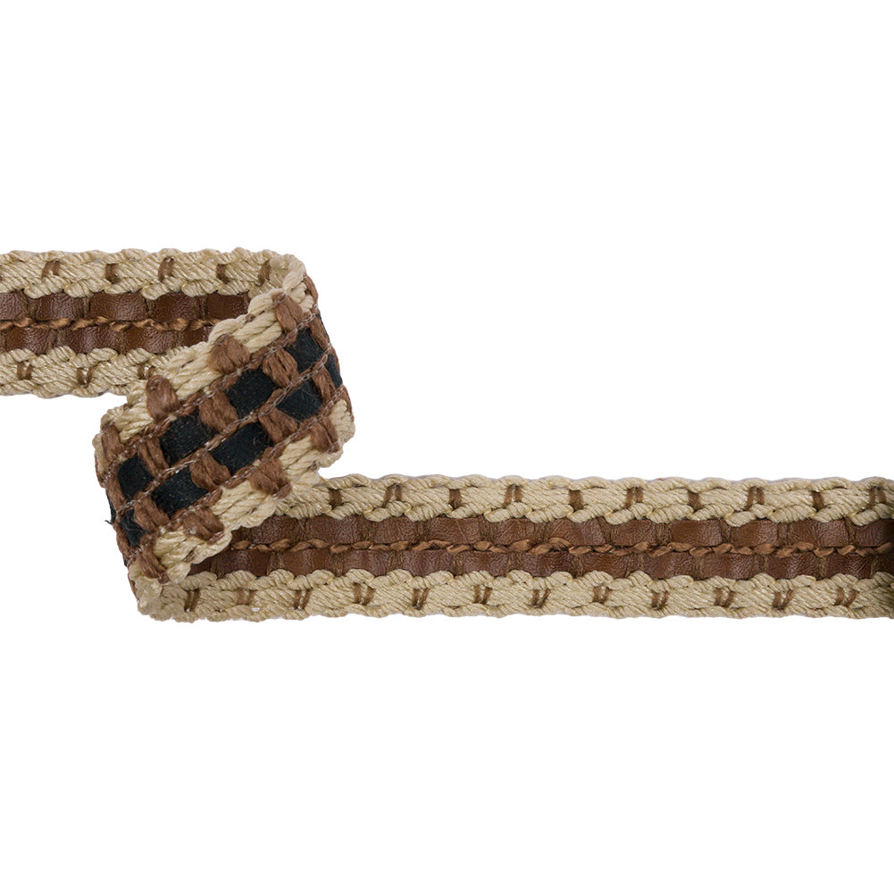 Famous NYC Designer Beige and Brown Faux Leather Stripe Basketwoven Trim - 1.25