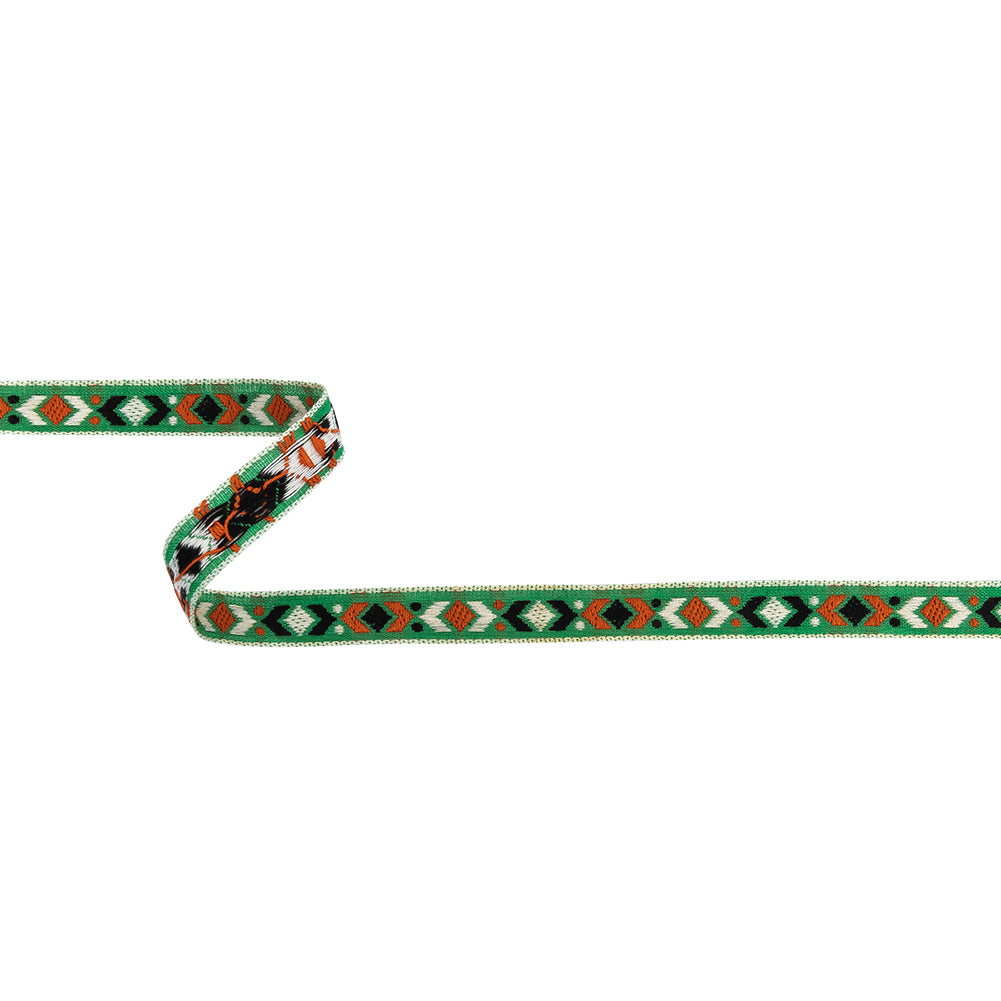 Green, Black and Orange Geometric German Jacquard Cotton Ribbon - 0.5