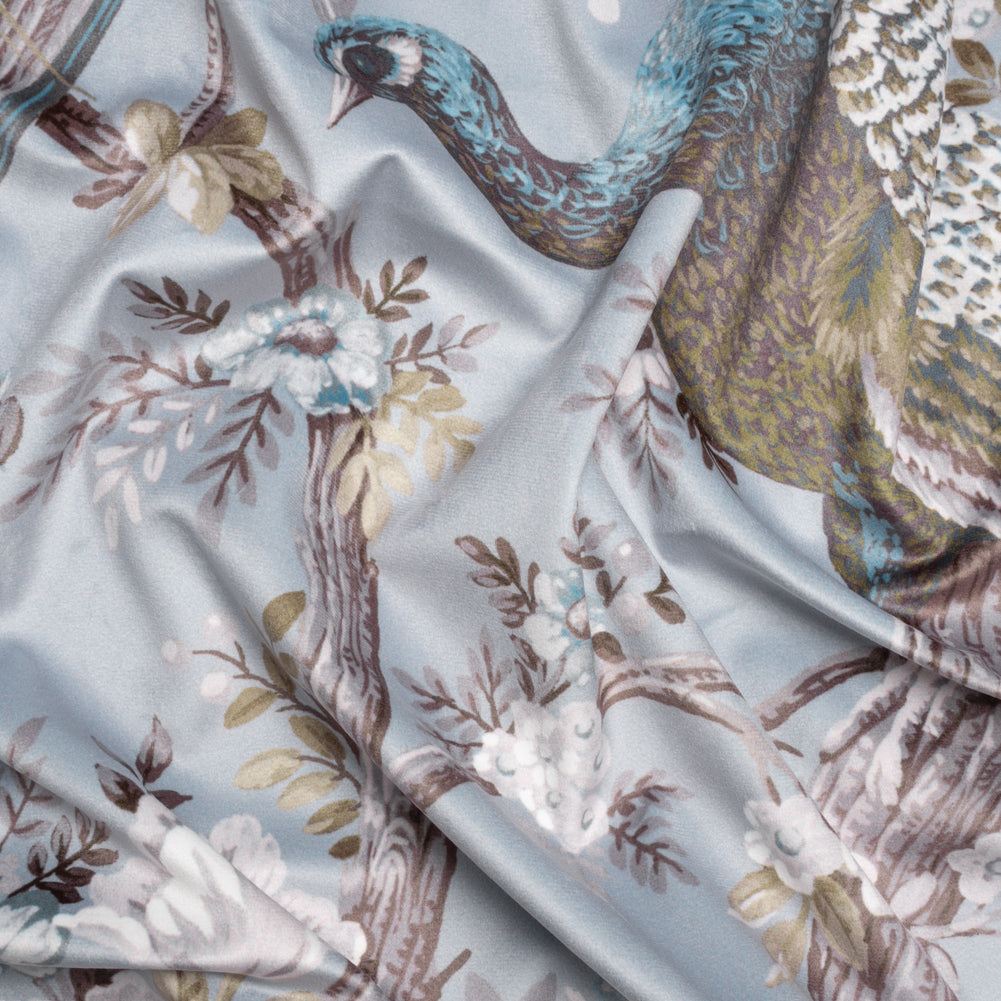 Polyester Microvelvet Print - Chalk Blue Peacocks in the Trees - British Imported - Joann Fabrics