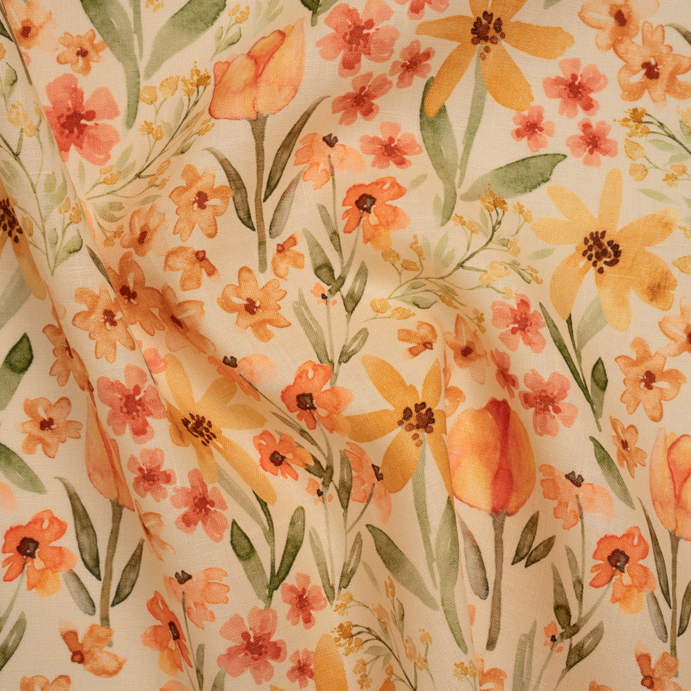 Medium Weight Linen Woven Print - Cream, Orange and Green Tulip Garden - Joann Fabrics