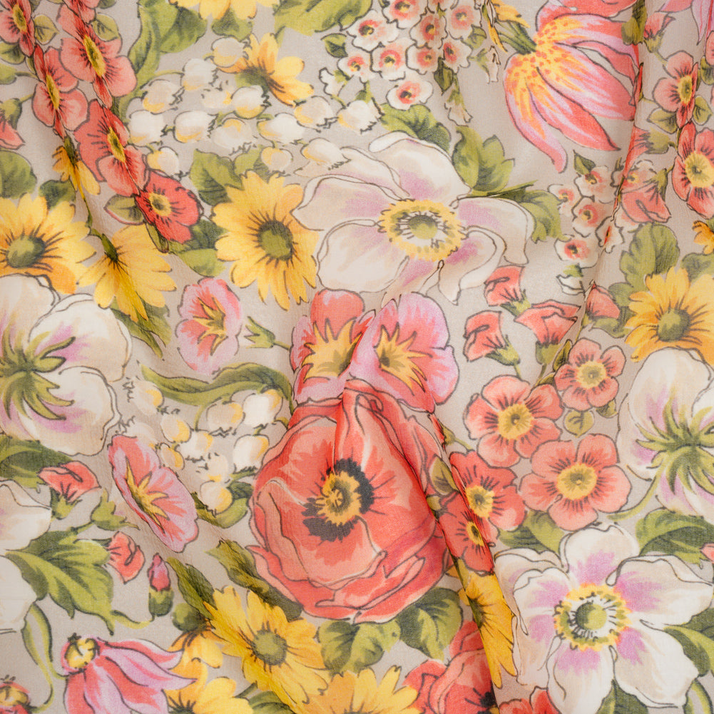 Silk Chiffon Print Made in Italy - Pink, Yellow and Green Flower Garden - Deadstock - Joann Fabrics