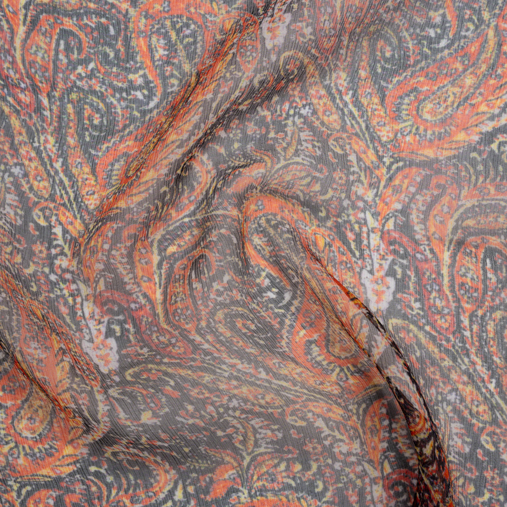 Crinkled Silk Chiffon Print - Black, Red and Yellow Traditional Paisley - Deadstock - Joann Fabrics