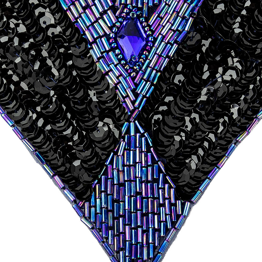 Vintage Black Sequins and Blue Iris Beaded Applique with Diamond-shaped Crystal Center - 4.375