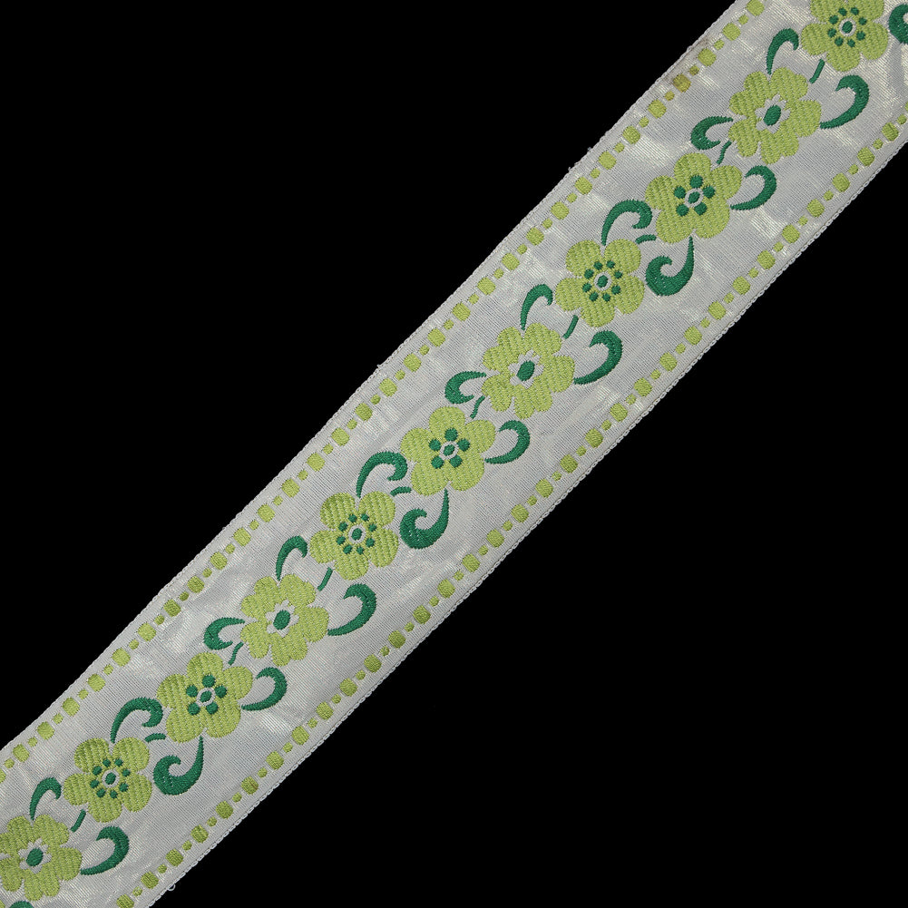 White, Green and Metallic Gold Floral Jacquard Ribbon - 2