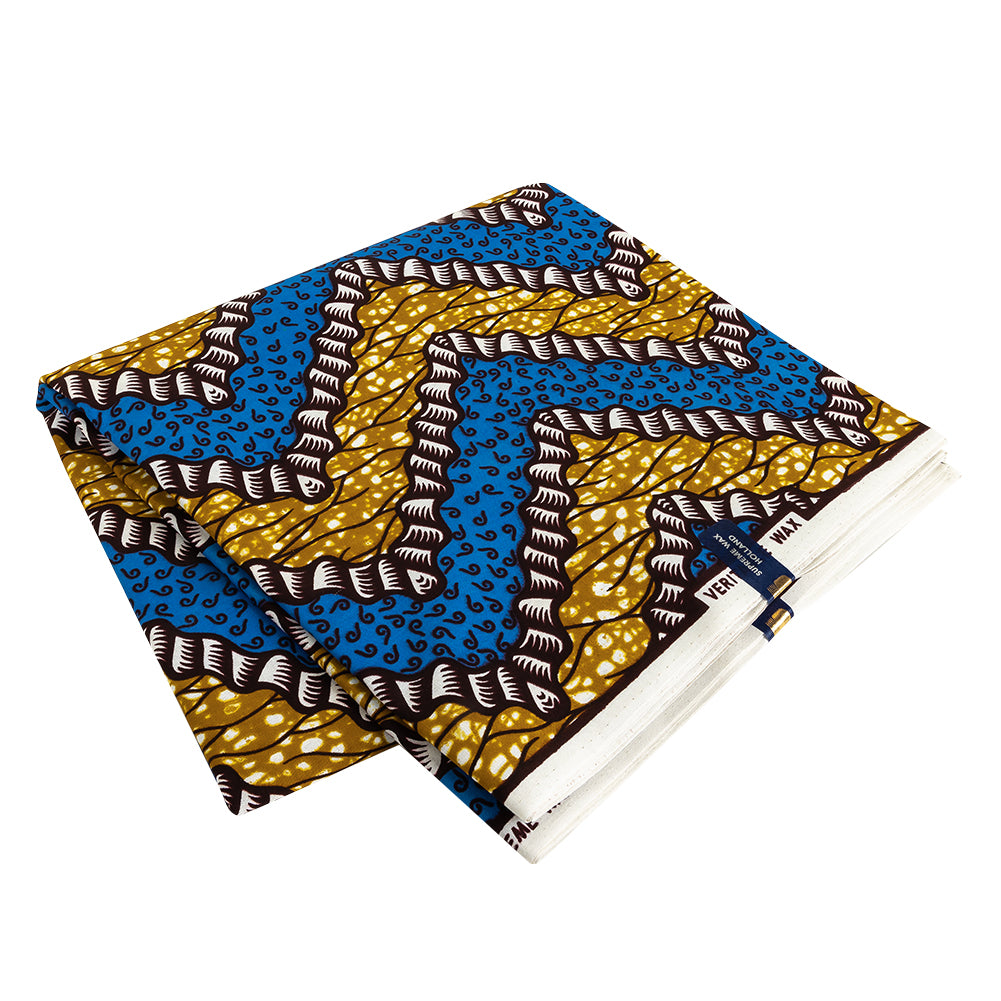 Blue, Dark Yellow and Brown Wavy Zig Zags Cotton Supreme Wax African Print - Joann Fabrics