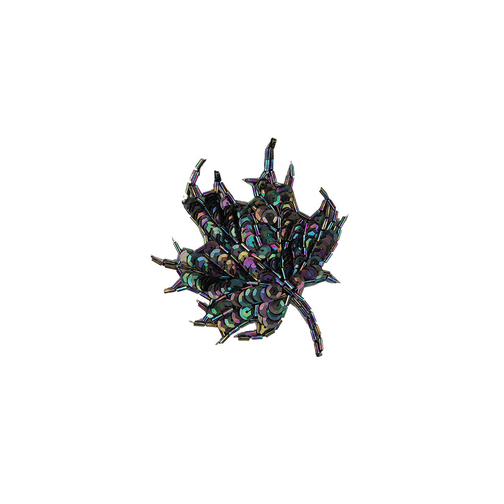 Vintage Black Iris Sequins and Bugle Beaded Small Leaf Applique - 3.75