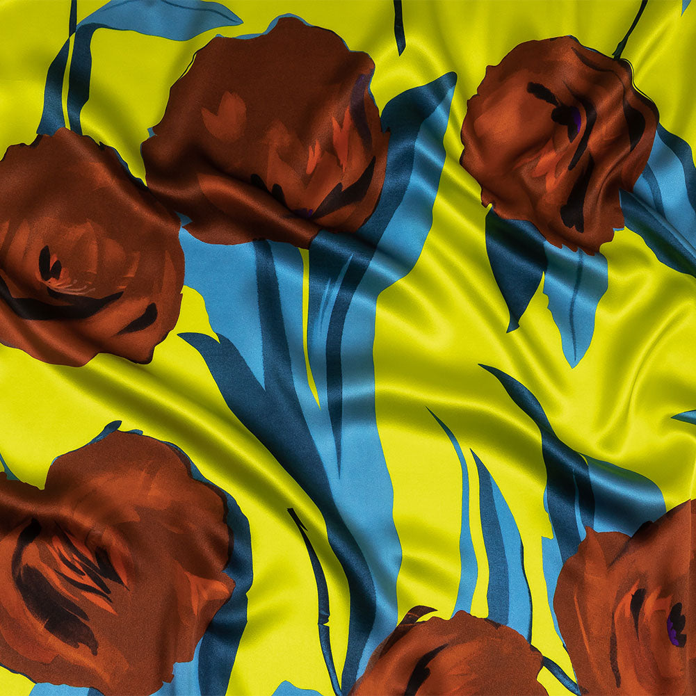 Mood Exclusive Italian Yellow, Steel Blue and Russet Abstract Roses Silk Charmeuse - Joann Fabrics