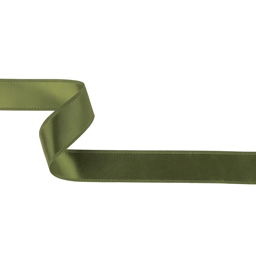 Moss Green Double Faced Satin Ribbon with Ribbed Borders - 1
