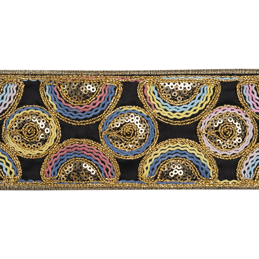 Yaya Han Metallic Embroidered and Sequined Woven Ribbon Trim - Lagos Black, Gold and Rainbow Circles, 2.63