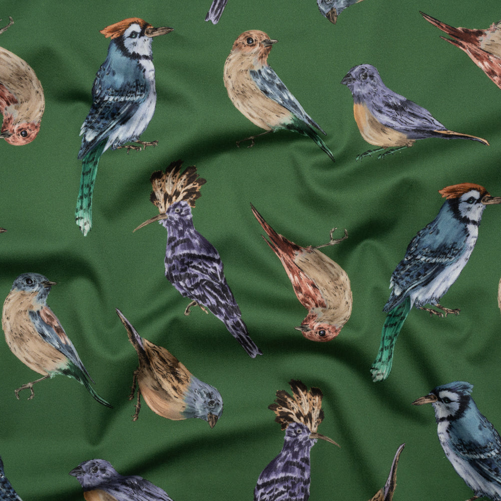 Stretch Cotton Sateen - Green, Blue and Beige Little Birds - Birdsong Saunter Print - Mood Exclusive Acadia Collection - Joann Fabrics