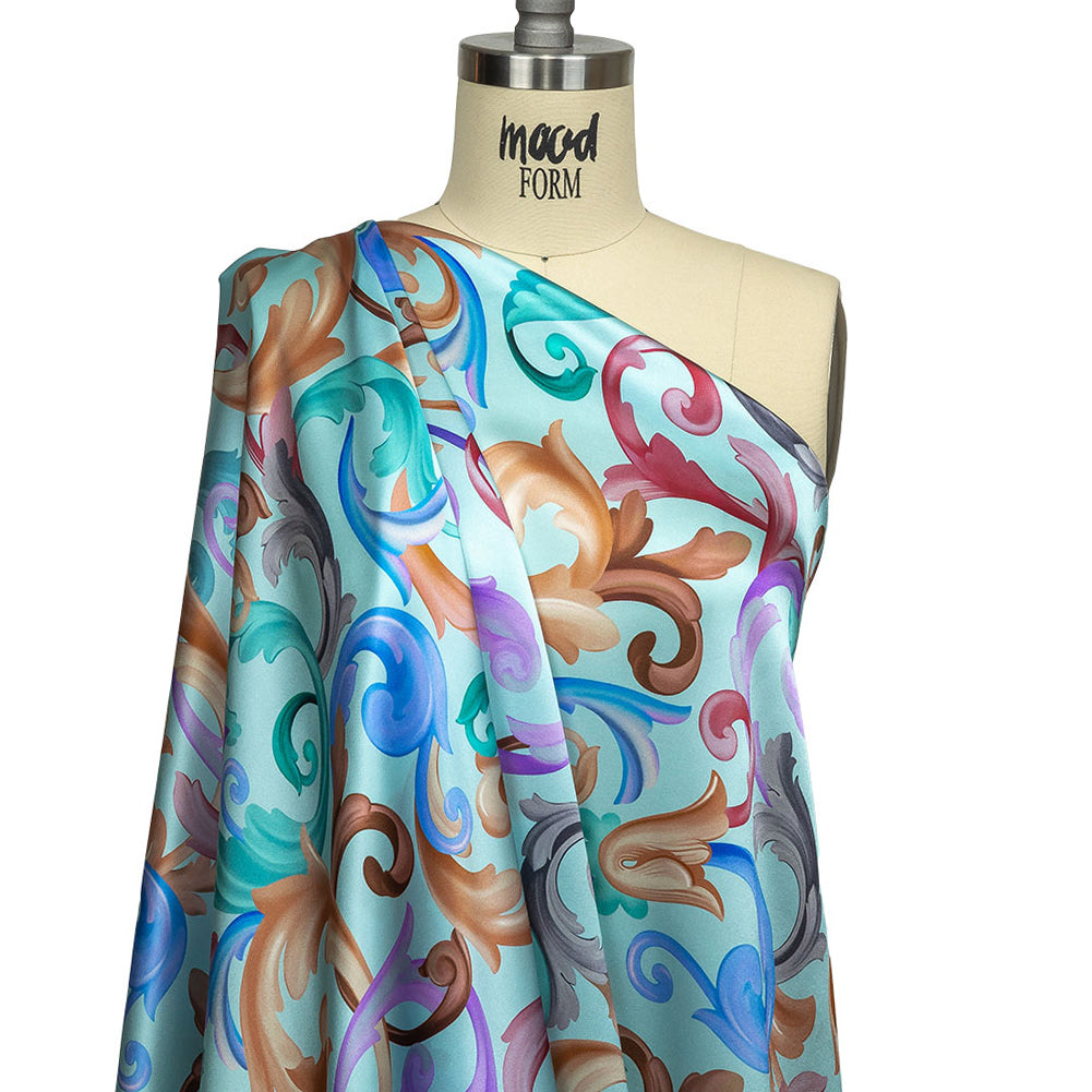 Mood Exclusive Italian Mint and Rainbow Ornate Swirls Silk Charmeuse - Joann Fabrics