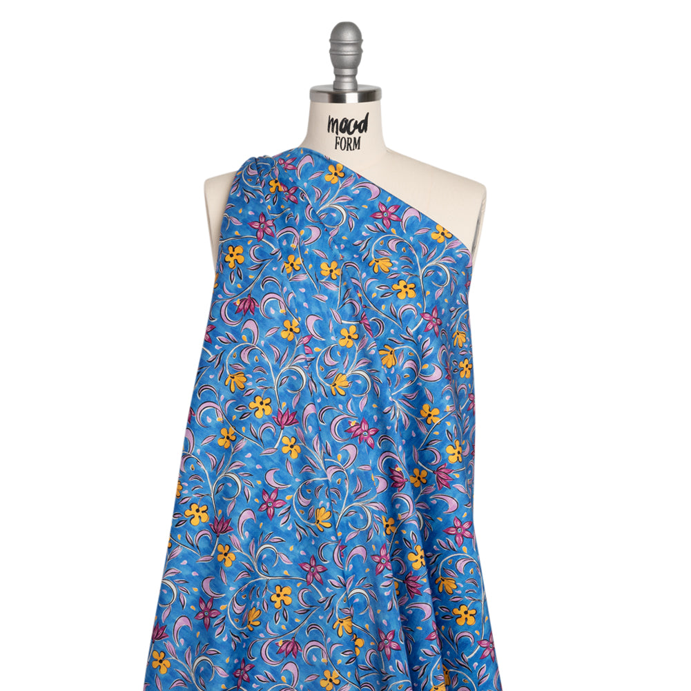 Stretch Cotton Sateen - Blue and Yellow Floral - Apollo's Laurel Print - Mood Exclusive Chariot Collection - Joann Fabrics