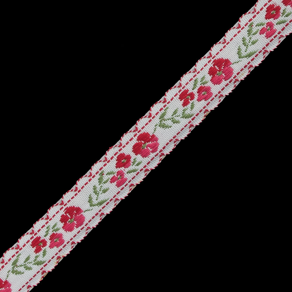 Red and White Floral German Jacquard Ribbon - 0.5