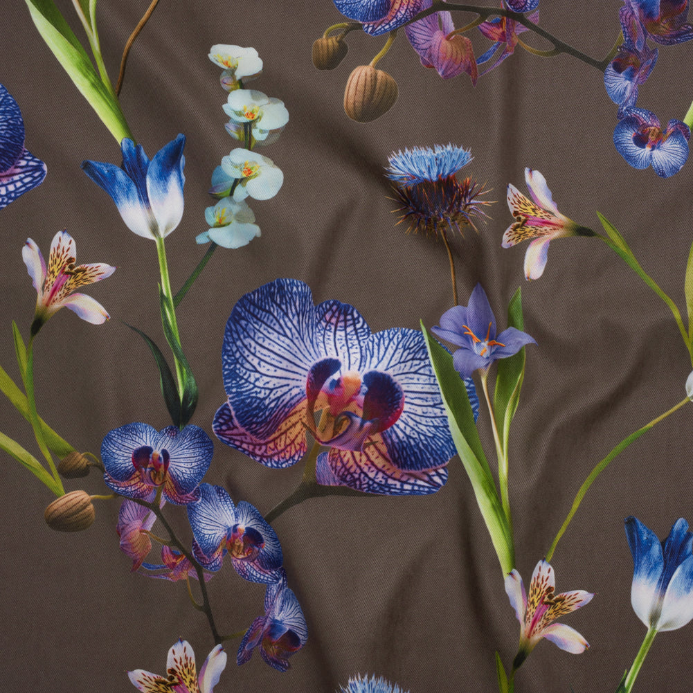 Peached Polyester Twill - Taupe, Blue and Green Orchids - Mood Exclusive Petal Reverie Print - Joann Fabrics