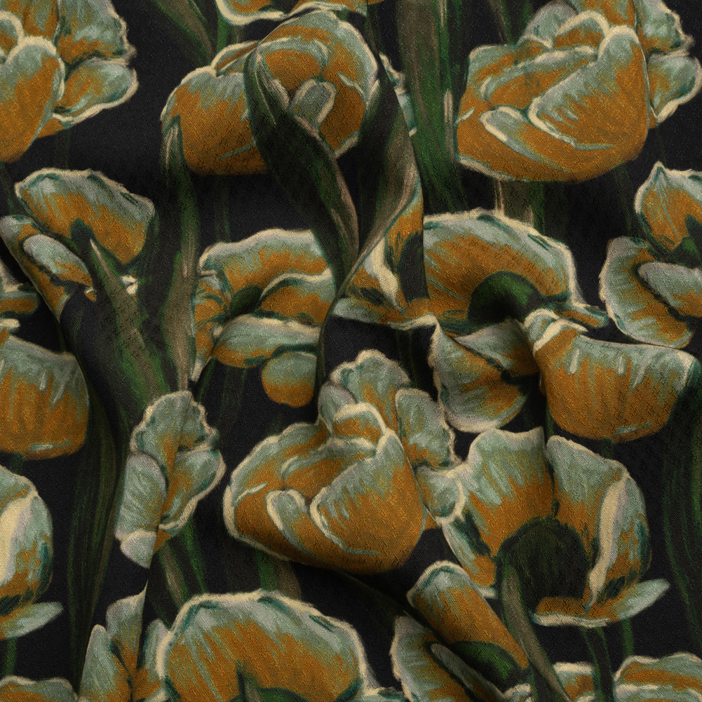 Sustainable Viscose Floral Jacquard Print - Dark Orange, Green and Black Floral - Mood Exclusive Draped in Dawn - Joann Fabrics
