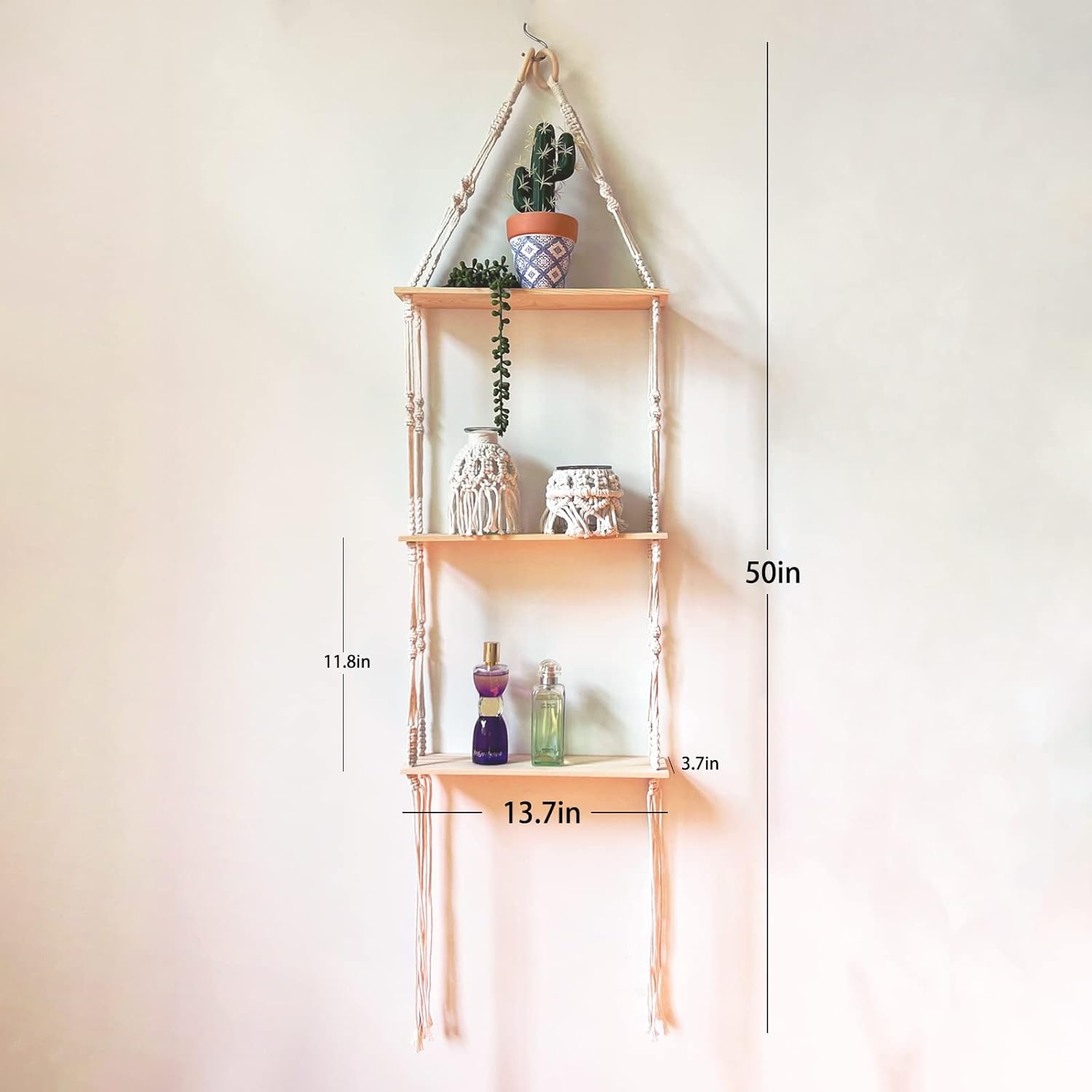 Macrame Wall Hanging Shelf - 3 Tier Wall Shelves Boho Wall Decor ...