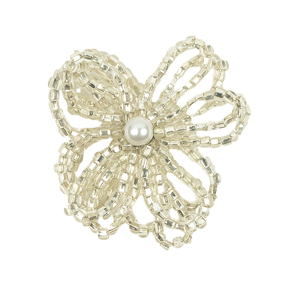 Vintage Silver Lined Seed Beaded Flower Decoration with Faux Pearl Center - 1.25