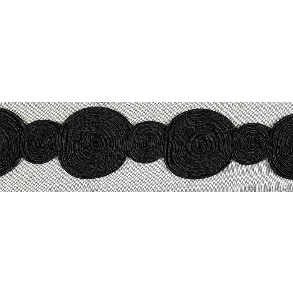 Black Tight Spiral Fabric Roses Trim on Mesh - 2