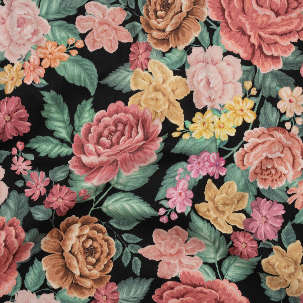 Brushed Cotton Woven - Coral Pink, Yellow and Green Flowers on Black - Mood Exclusive Briar Lane Print - Joann Fabrics