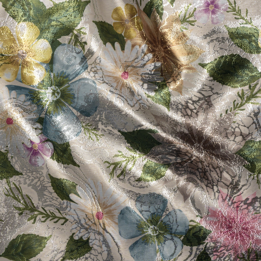 Printed Metallic Brocade - Pink, Blue and Green Floral on Silver Metamorphic Abstractions - Joann Fabrics