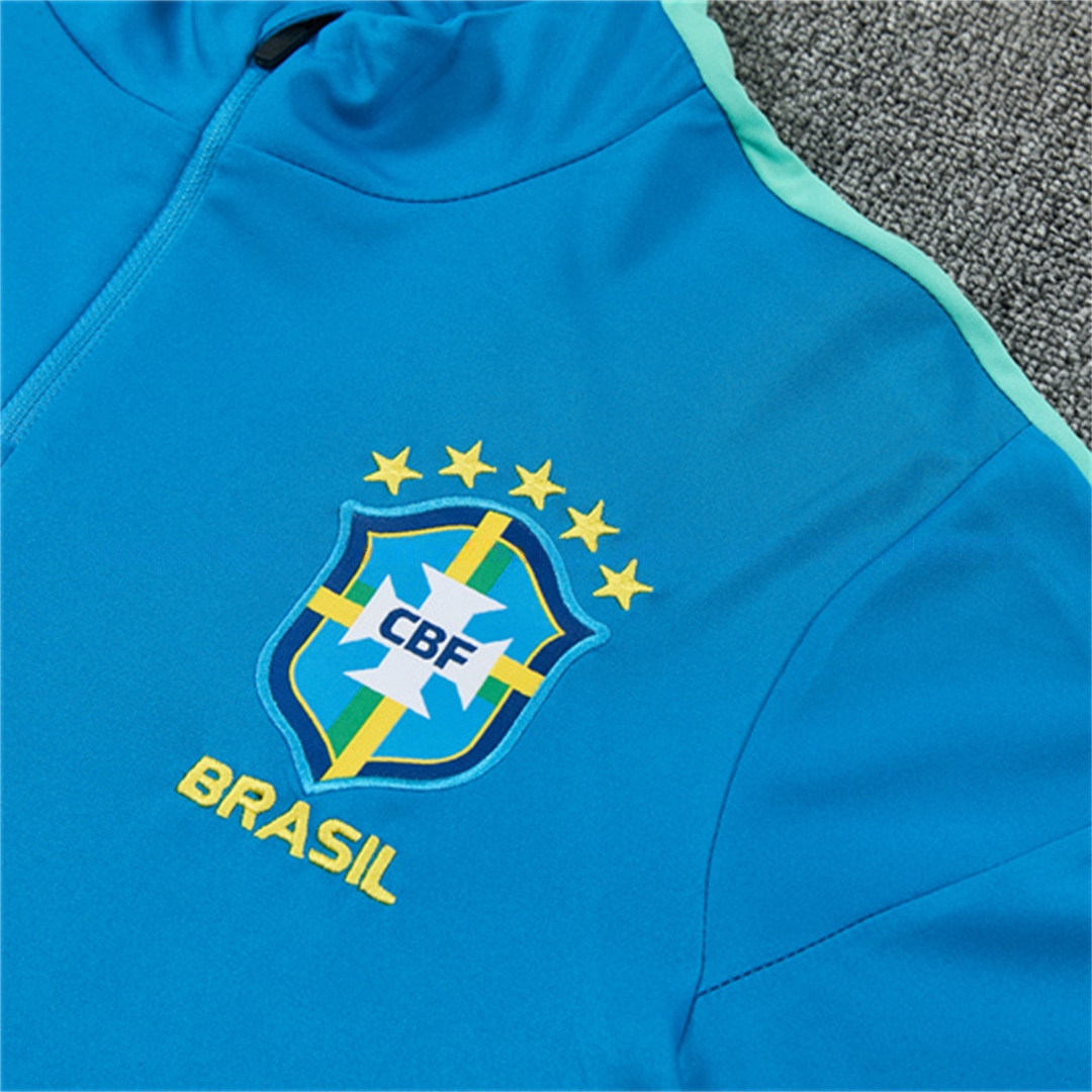 Brazil 2026 Kids Long Sleeve Training Set - Sky Blue Top & Dark Green Pants - UnitedFutballJersey