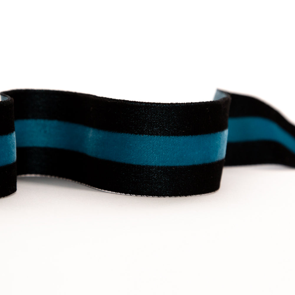 Italian Black and Teal Striped Velvet Ribbon - 1.5