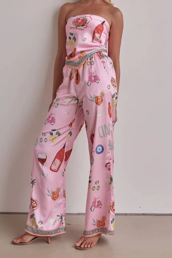 Pink La Dolce Vita Satin Scarf Top and Pants Set