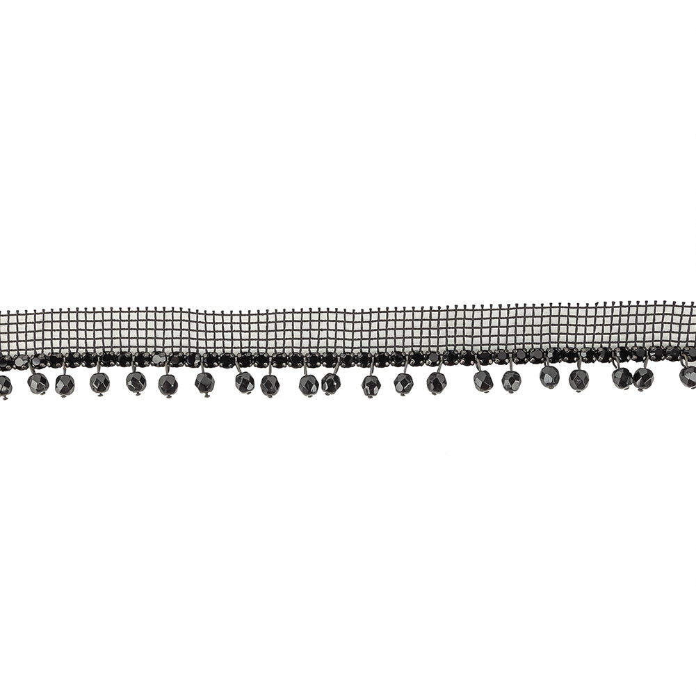 Vintage Jet Circular Rhinestone Trimming on Black Mesh with Faceted Beaded Fringe - 1