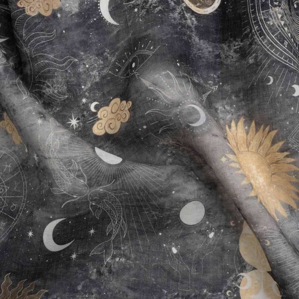 Black and Gold Astrological Intrigue Lightweight Linen Woven - Joann Fabrics