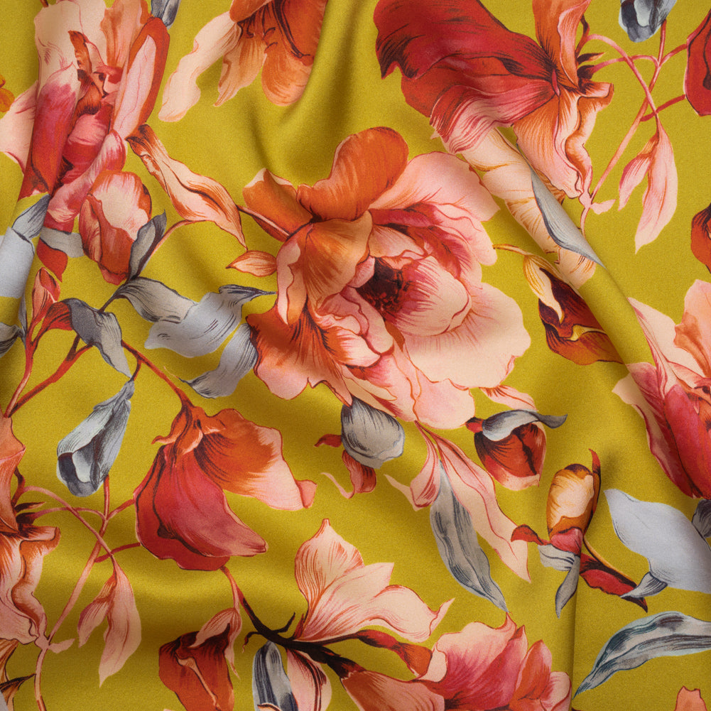 Silk Charmeuse Print 16MM, Made in Italy - Chartreuse and Red Blooming Roses - Joann Fabrics
