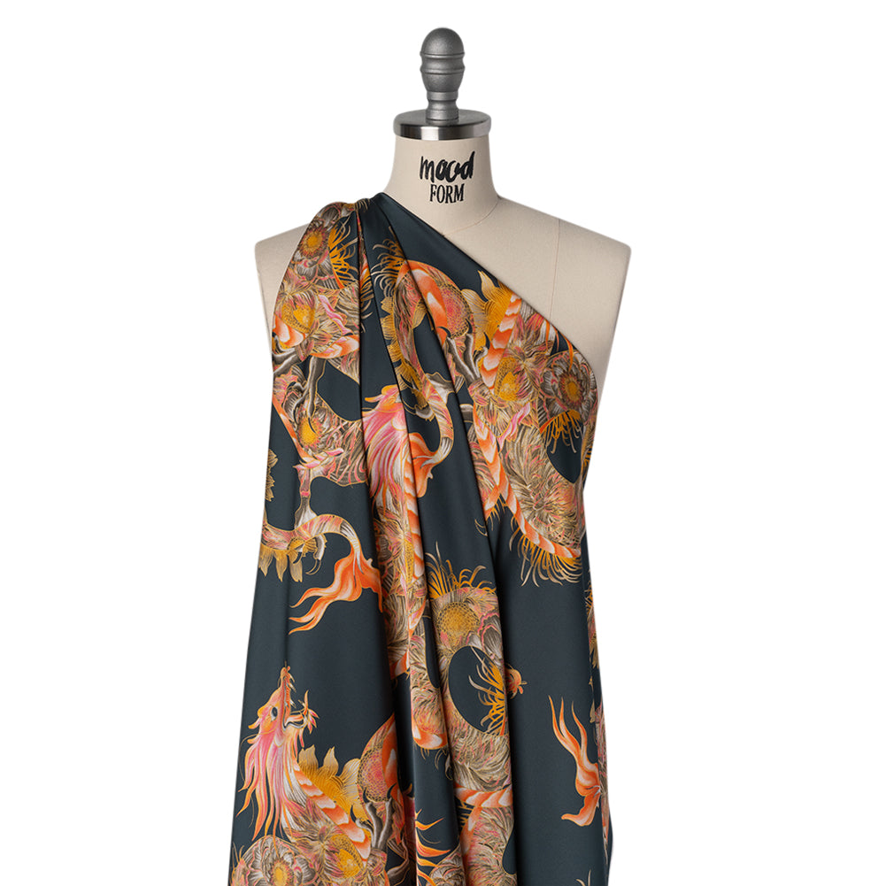 Polyester Satin - Charcoal, Orange and Olive Eastern Dragons - Mood Exclusive Dragon Dance Print - Joann Fabrics